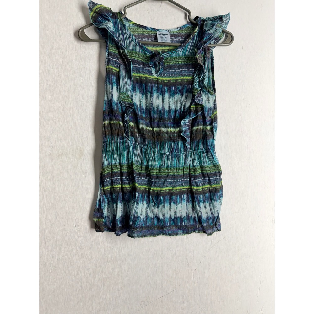 Uptreat Blue Green Ikat Stripe Ruffle Sleeveless Cotton Blouse Top L 14-16
